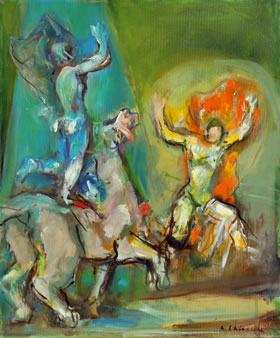 Acrobati al circo,1987, olio su tela, cm 60x50, Bologna collezione privata